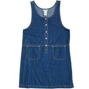 Vintage Basic Edition Denim Pinafore Dress Blue Button Front Patch Pockets M 90s